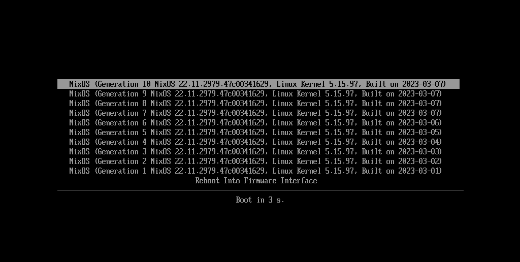 NixOS bootloader界面,来源:https://nixos.org/images/screenshots/nixos-boot-menu.png